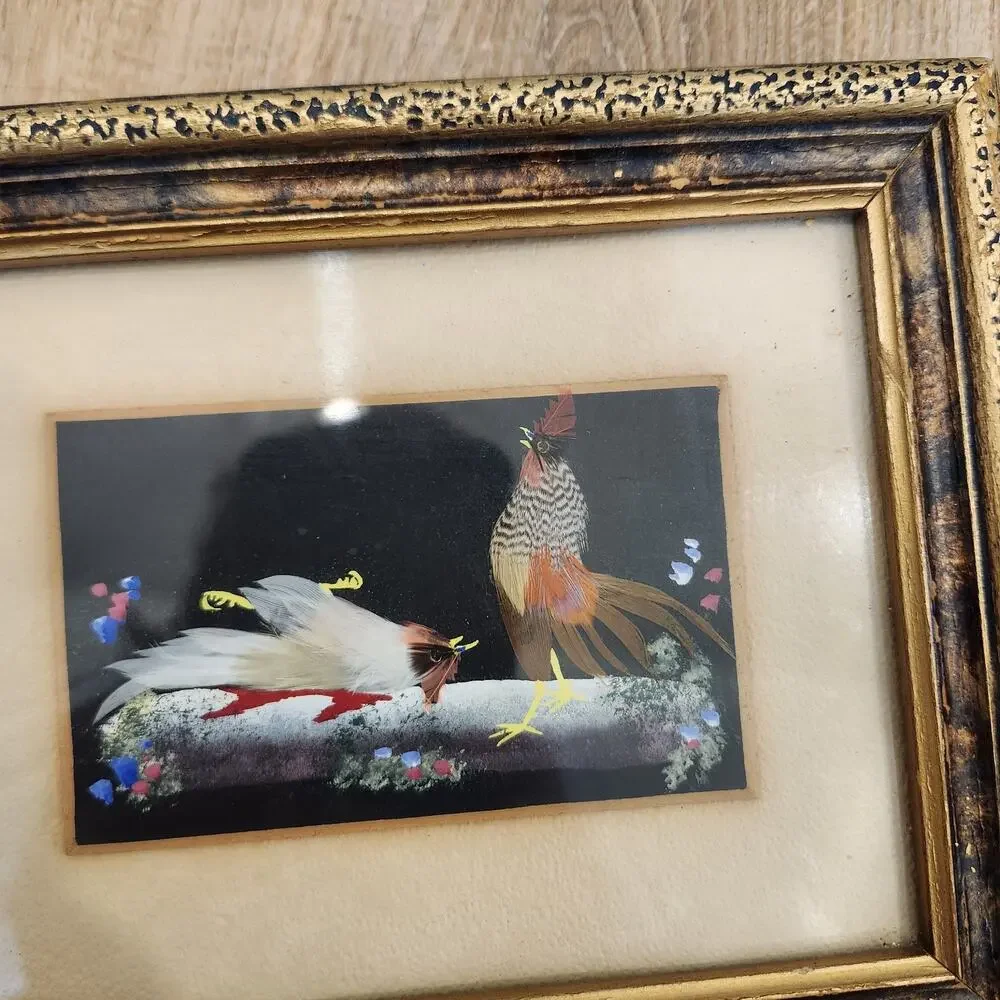 Vtg Mexican Feather Folk Art Rooster Cockfighting Scene Framed Wall Decor